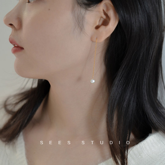 Natural freshwater pearl tassel earrings for women, cool style, simple long face-slimming earrings, 14k gold-filled