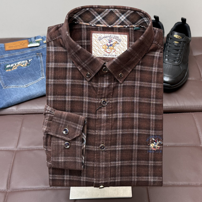 Beverly Paul Autumn Men's Brown Plaid Shirt Long Sleeve Business Casual Lapel Pure Cotton Embroidered Shirt