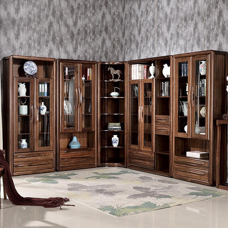 Black Walnut modern Chinese two-door three-door corner bookcase One wall Solid wood custom whole wall full wall bookcase
