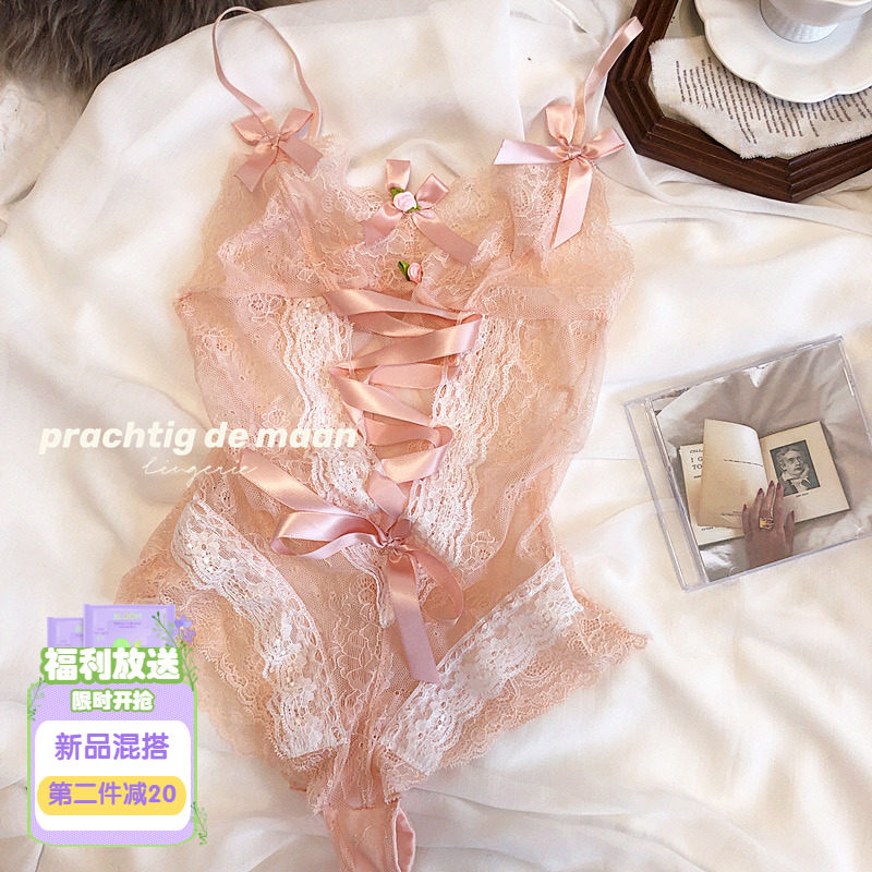 Style Sexy Fairy Pink Strap Butterfly Knot perspective lingerie suit Lights suit Little night clothes Seductive Lace