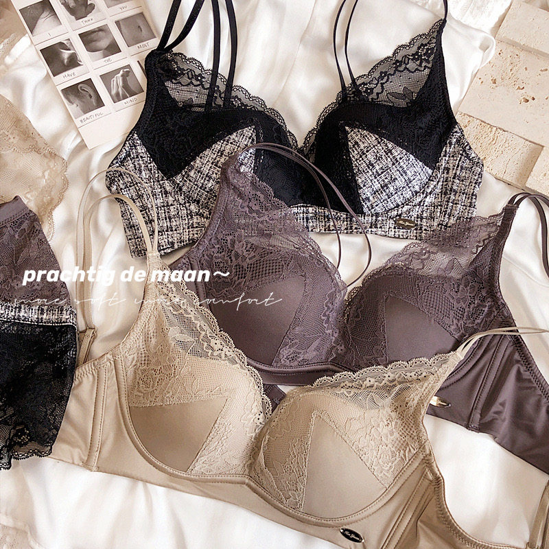 Sexy rimless lace Rabbit ears Upper thin lower thick underwear set Small chest gathered beauty back underwear bra bra