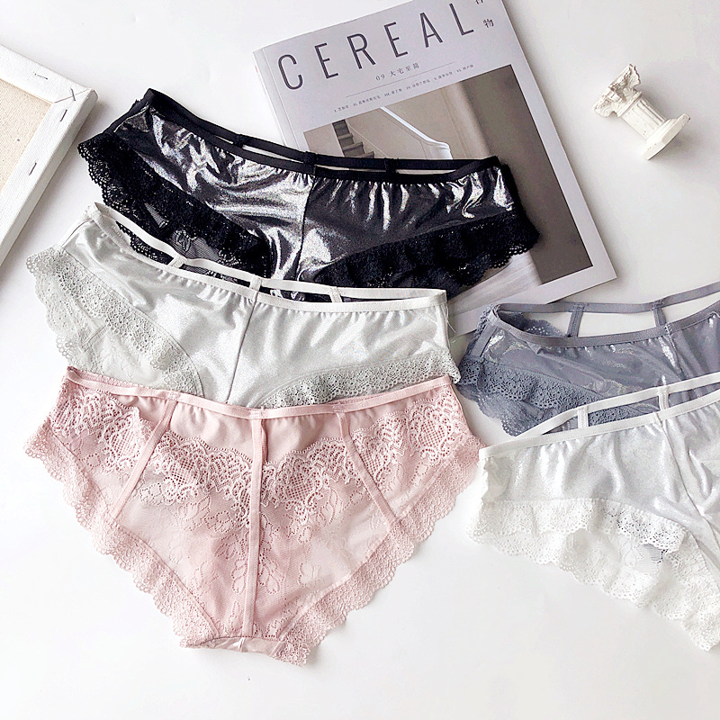 Mermaid Ji shiny lace sexy underwear low waist briefs hip cotton lining hollow comfortable sweet safety pants head