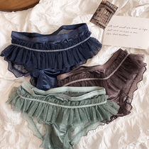 Sexy mesh lace transparent pleated skirt edge low waist briefs silver green traceless underpants bottom girl sweet