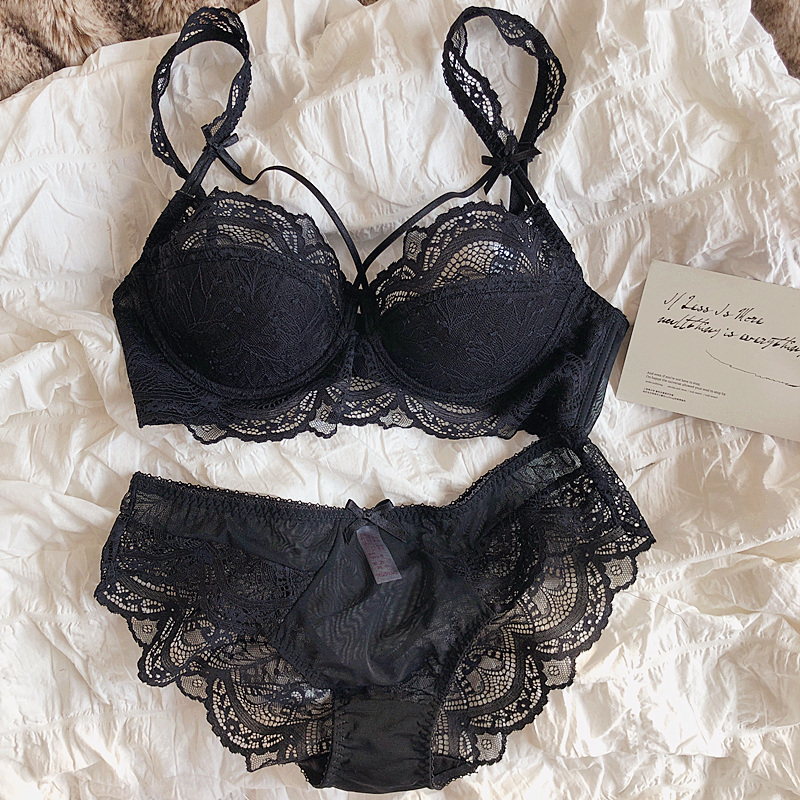 Sexy dentelle string Lingerie prospective groupée rassemblement gros seins soutien-gorge ensemble femmes Push Up Dot Bow sous-vêtements avec acier_voghion.com