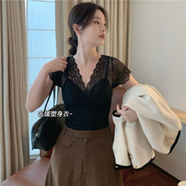 Famous Yuan Lace Shapewear blouses with chest cushions Girded Clothing Women Postpartum Sexy and Warm Clothing Short Sleeves Tight Closets