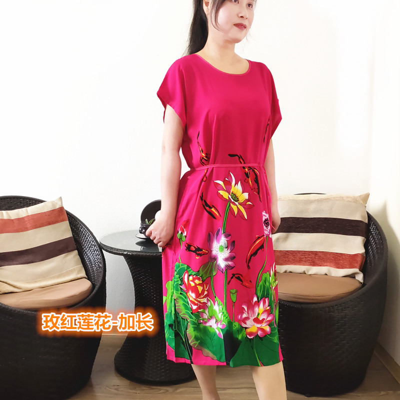 Rose Red & Rose Red Lotus - LongerIncrease fertilizer Nightdress female summer Short sleeve middle age mom Pure cotton silk pregnant woman Fat mm pajamas Can be worn out leisure wear thin