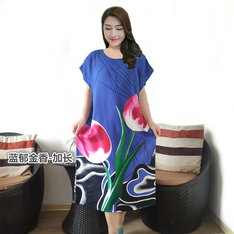 Sky Blue & Blue Tulip - LongerIncrease fertilizer Nightdress female summer Short sleeve middle age mom Pure cotton silk pregnant woman Fat mm pajamas Can be worn out leisure wear thin