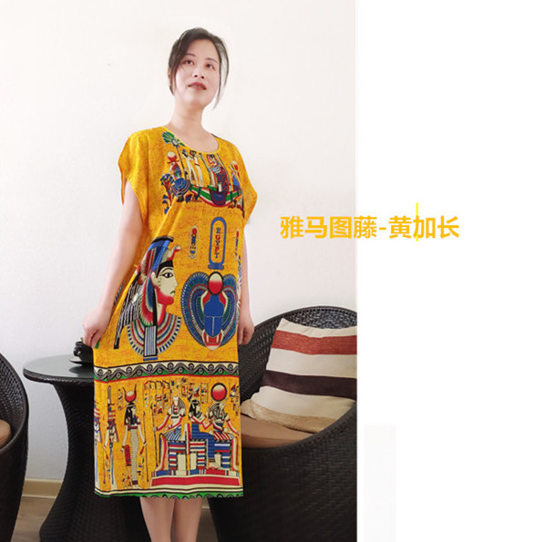Treasure Blue & Yama Totem YellowIncrease fertilizer Nightdress female summer Short sleeve middle age mom Pure cotton silk pregnant woman Fat mm pajamas Can be worn out leisure wear thin