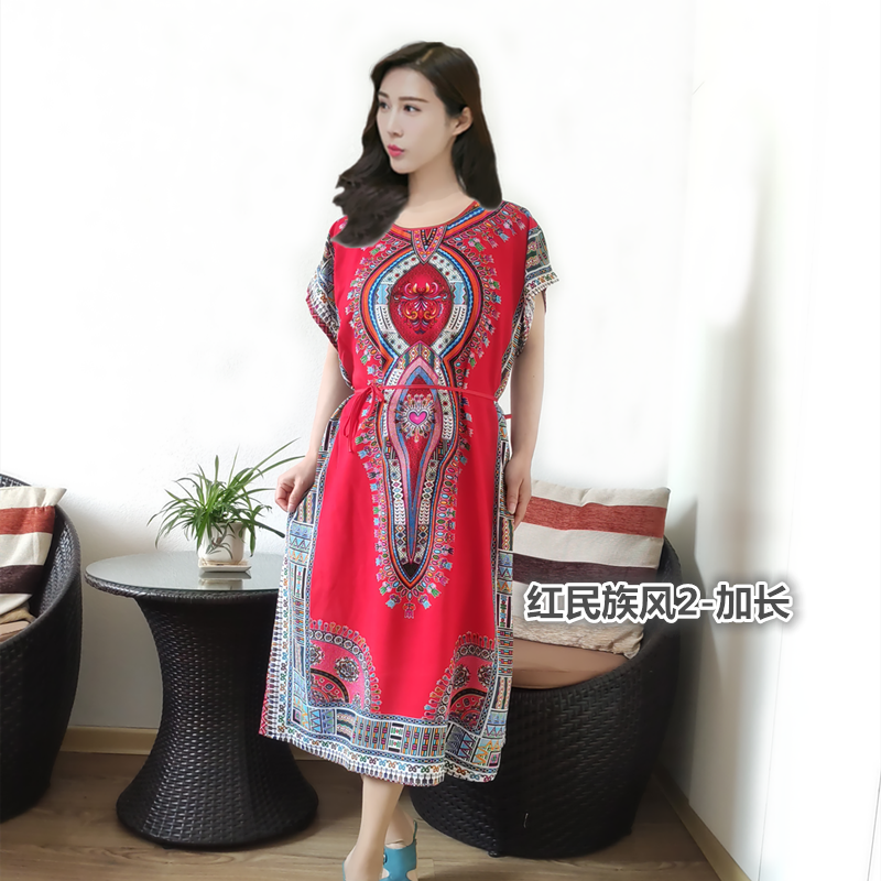 Wine Red & Red National Style 2 - LengtheningIncrease fertilizer Nightdress female summer Short sleeve middle age mom Pure cotton silk pregnant woman Fat mm pajamas Can be worn out leisure wear thin