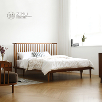 Nordic simple solid wood bed full black walnut fence bed high foot Zen shadow bed new Chinese small family wedding bed