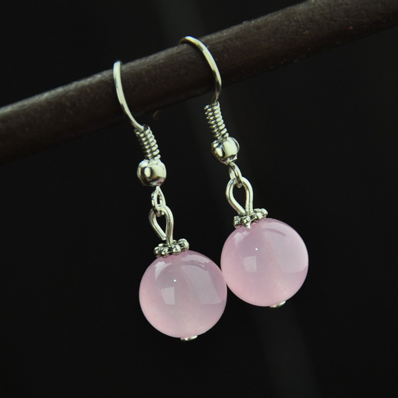 Zhaohua natural powder crystal hibiscus stone Miao silver earrings female jewelry earrings long version Korean version temperament temperament