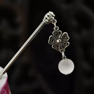 Retro hair accessories Miao silver white cat's eye stone Classical hair hairpin step pan hair National style jewelry female gift