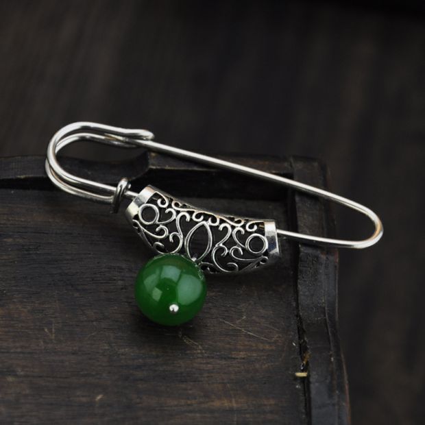 Vintage Miao bạc rỗng thẻ xanh chalcedony trâm cài pin áo len văn học cổ điển trang sức cổ điển phụ kiện áo vest