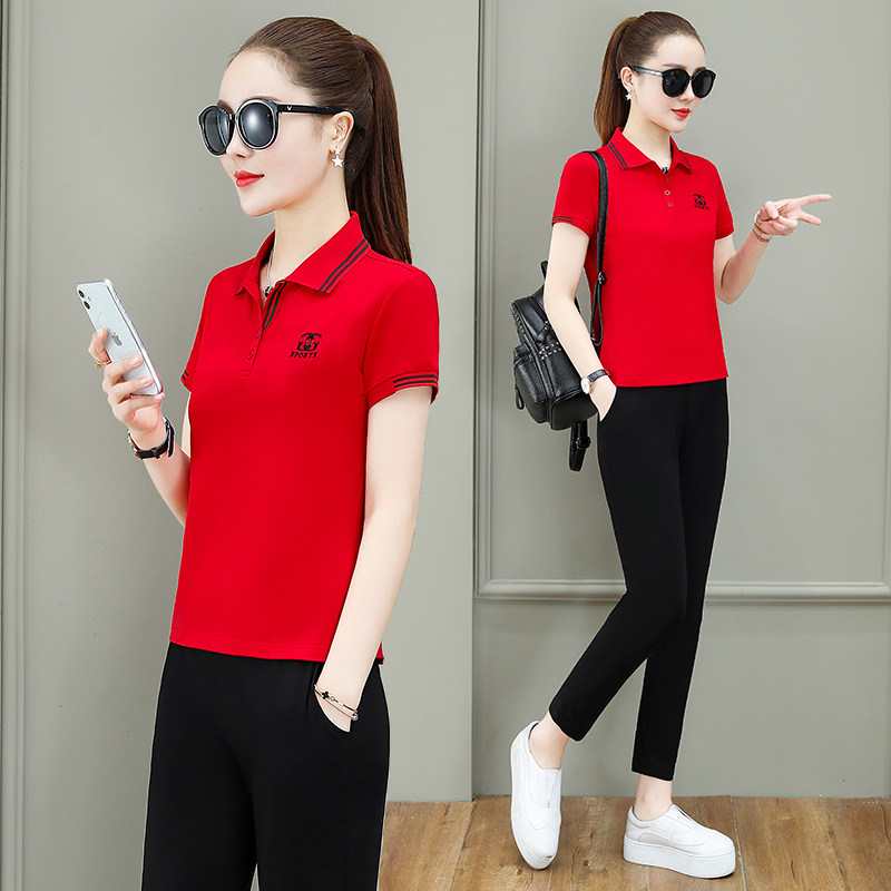 361 pure cotton Summer thin style sportswear suit women Jordan Noor turn short sleeve T-shirt long pants casual wear two sets