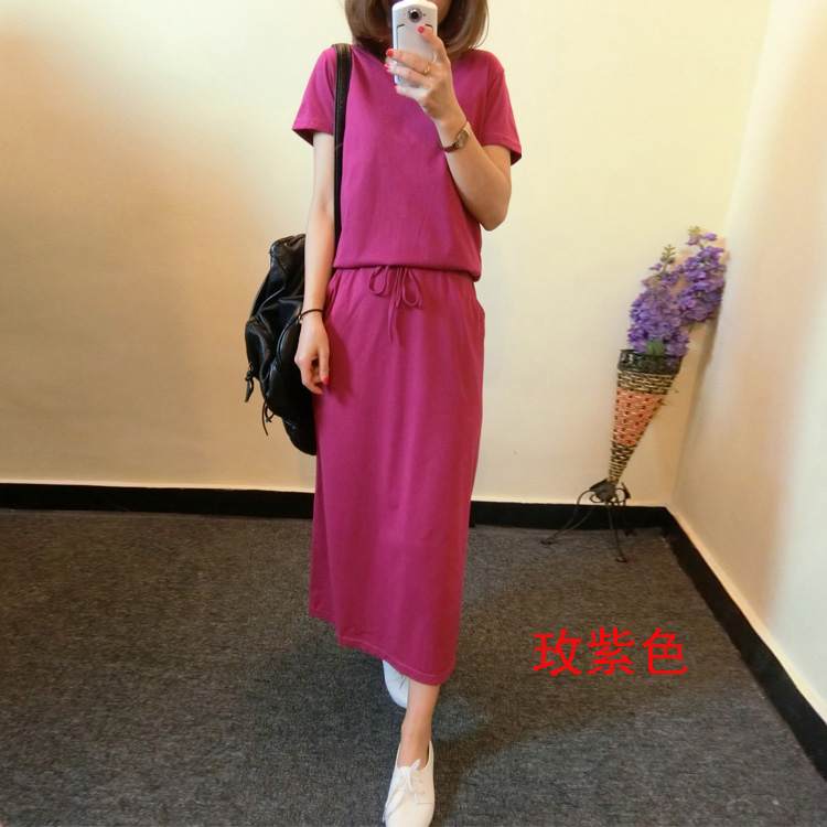 Váy hè 2018 của phụ nữ trong phần dài của cotton slim dress giản dị tay ngắn mopping váy đầm váy xòe liền thân dáng dài
