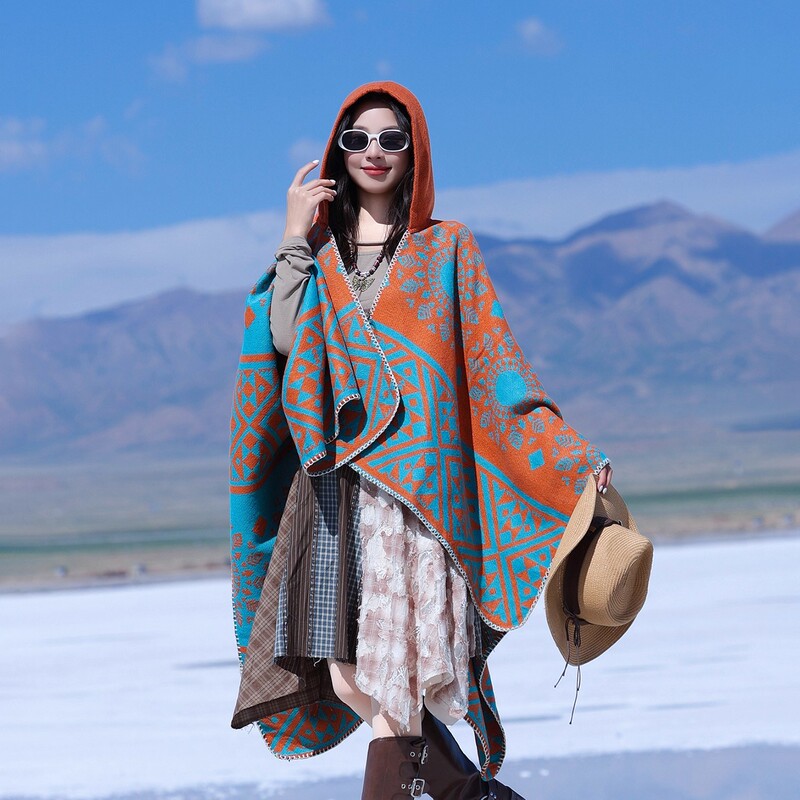 French Azmuou Ethnic Style Geometric Shawl Travel Photography Warm Hooded Cashmere Cape Large Poncho Scarf for Women