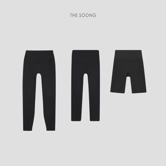 THESOONG/一片式裁剪瑜伽裤裸感收腰无T线丝滑无痕黑色打底健身裤