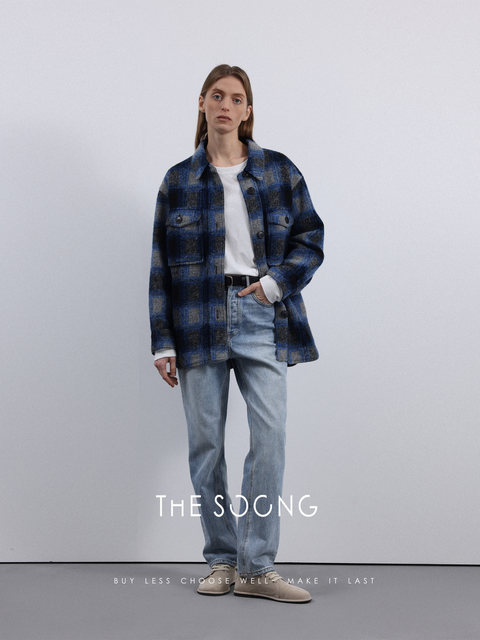 THESOONG classic retro polo collar blue plaid woolen coat autumn and winter loose loose pocket top for women