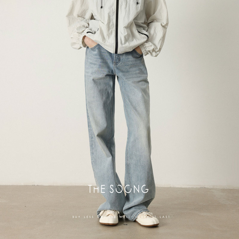 Thesoong/Straight-Leg Jeans for Women, New Light Blue 14.9, Straight and Wide, Washed and Wrinkled Long Pants 6940 Thesoong/Straight-Leg Jeans for Women, New Light Blue 14.9, Straight and Wide, Washed and Wrinkled Long Pants 6940