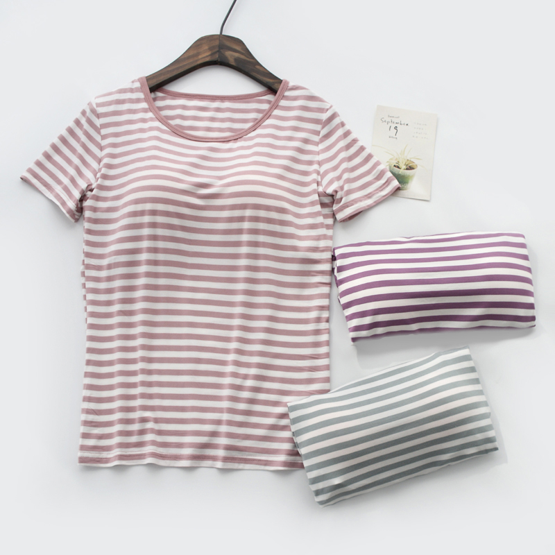 Summer women's T-shirt short sleeve modal stripes base shirt top yoga exercise no wear bra cup