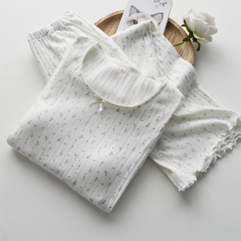 Jacquard Floral Garden Print Pajamas with Chest Pads for Women, Spring and Summer Pure Cotton Knitted Thin Long-Sleeved Loungewear Set Jacquard Floral Garden Print Pajamas with Chest Pads for Women, Spring and Summer Pure Cotton Knitted Thin Long-Sleeved Loungewear Set