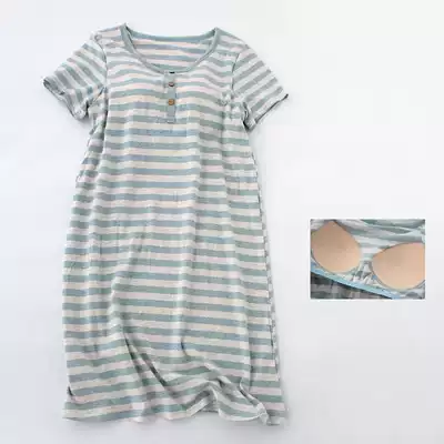 Ladies summer with chest pad striped nightgown cotton pajamas short sleeves no bra cup one home wear dress