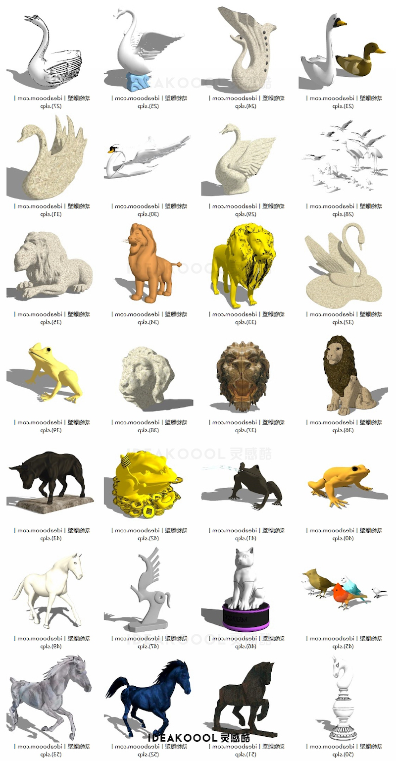 动物合集丨现代麋鹿牛鸟熊马鱼兔龟摆件动物雕塑小品SU模型丨