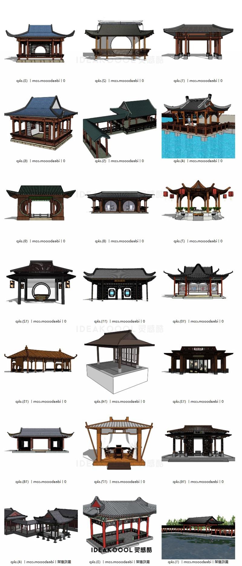 亭台水榭古建筑丨中式园林公园古建格栅亭子连廊架SU模型丨