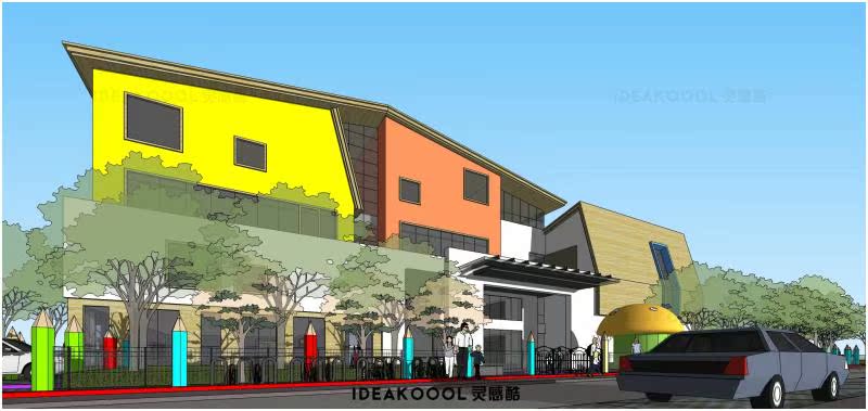 现代简约彩色幼儿园学校园异形建筑外立面设计SU模型丨