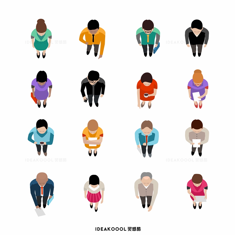 EPS矢量插画风鸟瞰俯视人物汽车植物丨