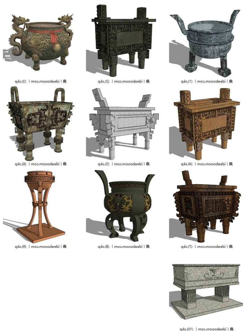 青铜鼎丨中式古代石鼎方圆鼎铜鼎香炉雕塑SU模型丨