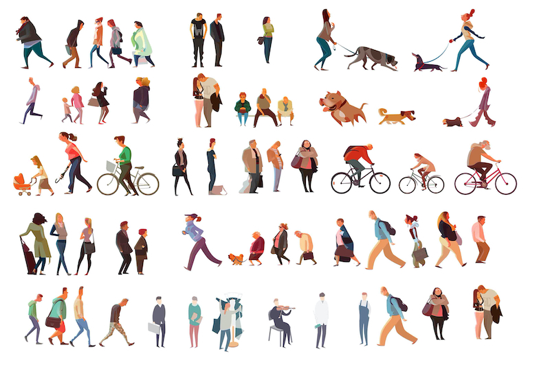 PSD丨插画风骑车遛狗散步休闲人物丨