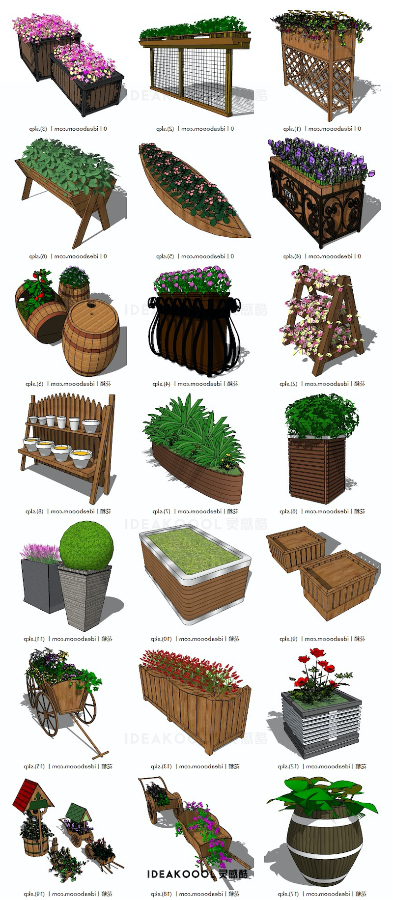 现代商业街道广场铁艺木花箱不锈钢花盆SU模型丨