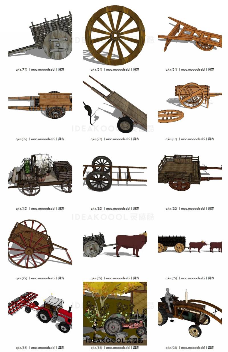农用车合集丨农用播种机械拖拉机牛车辆木车新农村乡村SU模型丨