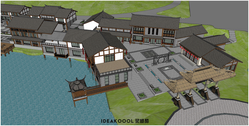 滨水商业步行街民宿客栈驿站丨乐至南湖公园su模型丨