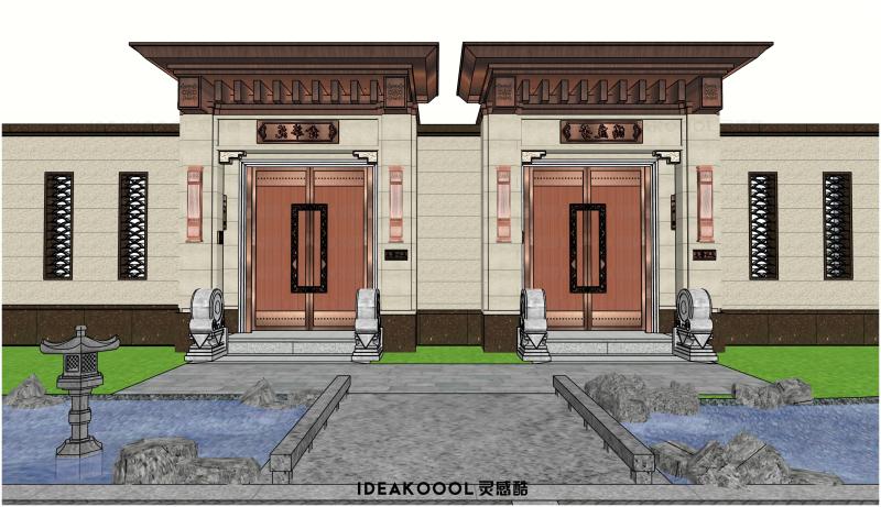 中式曲江流饮展示范区售楼处住宅居住小区入口景观SU模型丨