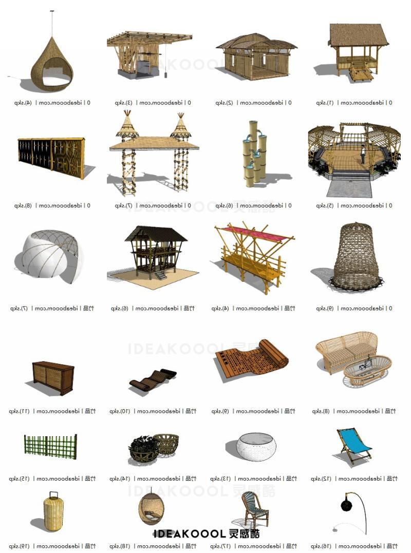 竹子建筑家具丨观景台塔小屋休闲亭景观亭子花廊架SU模型丨