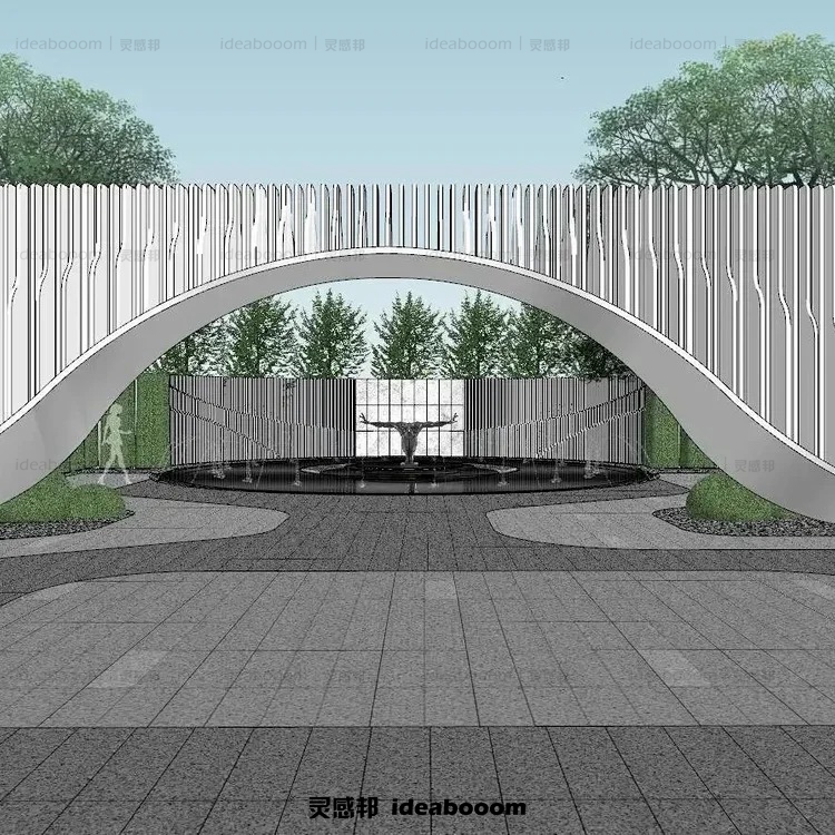 春江天玺居住大区入口入户宅间庭院花园景观设计效果图草图SU模型丨