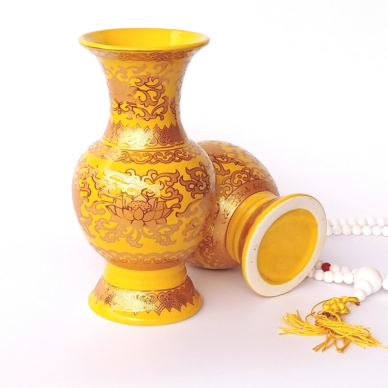 10 inch vase Buddha offering wordless lotus ceramic Emperor Yellow set for Buddha Buddhist supplies golden net bottle