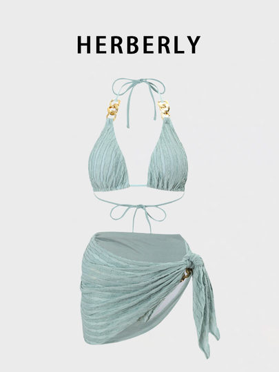HERBERLY泳装纯欲风小胸绑带聚拢比基尼泡温泉分体泳衣裹裙三件套