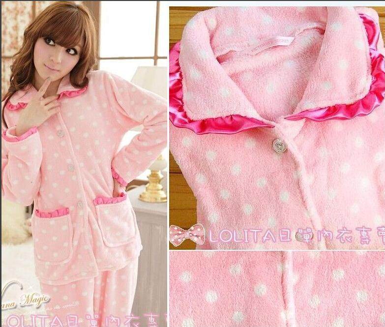 Autumn Winter New Coral Suede Pajamas Women's Day Department Water Jade Polo Dot Thickened Warm Flannel Suede Suit Suit