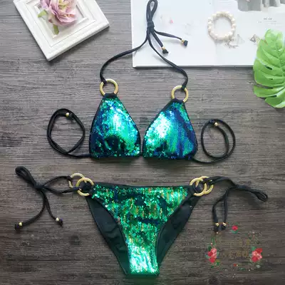 Champagne bikini sexy three-point sequined two-piece swimsuit female spa resort seaside spa