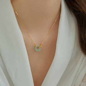 Advanced niche plated 18K gold Burmese jadeite jade ring interlocking necklace female collarbone chain necklace Qixi does not fade
