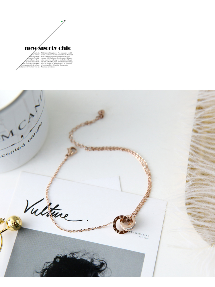 Thép titan mạ vàng hồng 18K zircon vòng đôi La Mã vòng chân thời trang nữ không phai màu hoang dã đơn giản Tanabata lắc chân pnj