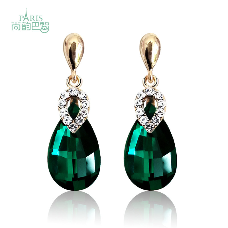 Fashion mid-length exquisite emerald water drop earrings temperament red crystal sterling silver needle hypoallergenic ear pin ear clip