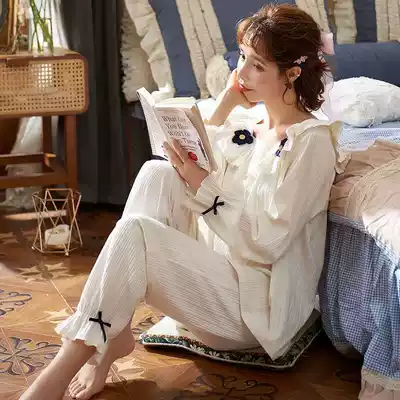 Pajama pants set women 2021 autumn and winter long sleeve cotton Korean sweet cute girl princess style white two-piece set
