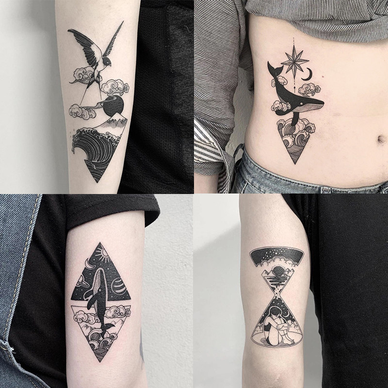 Chaori system INS wind dark black black and white Ukiyo-e geometric tattoo stick waterproof female lasting simulation sexy Korea