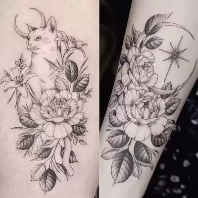 Over 15 yuan cat flower moon flower arm tattoo stickers waterproof female long-lasting tide simulation Korean dark wind