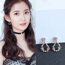 Korean water drop ring earrings Korean fashion exquisite cute rose gold flower earrings without ear hole