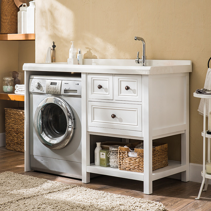 Laundry cabinet combination Balcony American drum washing machine cabinet Oak cabinet with washboard Solid wood cabinet Bathroom Quartz stone